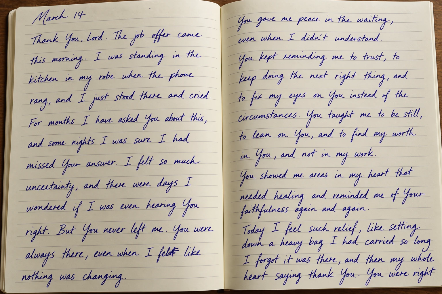 An open handwritten prayer journal. The entry begins with the date March 14 and the words Thank You, Lord, the job offer came this morning, and continues across both pages, stopping in the middle of a sentence.